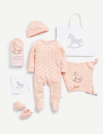 Cotton sleepsuit, hat, booties, blanket and comforter gift set 0-6 months