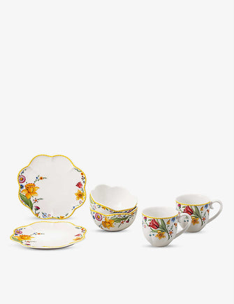 Spring Awakening floral-embossed porcelain breakfast set of six