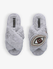 Eye-embellished faux-fur slippers