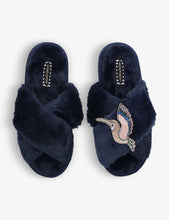 Hummingbird-embellished faux-fur slippers