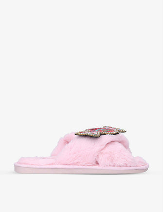 Bubble & Pop brooch-embellished faux-fur slippers