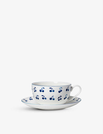 Cherry-print bone-china cup and saucer set