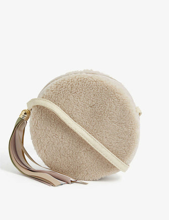 Tassel-embellished woven cross-body bag