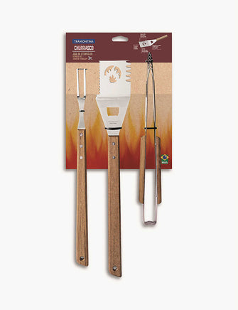 BBQ stainless-steel and wooden tool set of three