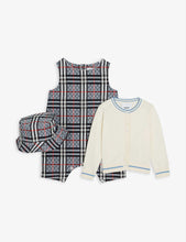 Chet check stretch-cotton baby grow, cardigan and hat set 1-12 months