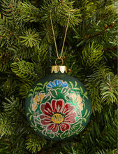 Floral-print glittered glass Christmas decoration 10cm