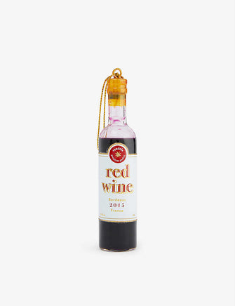 Red wine bottle glittered glass Christmas decoration 11cm