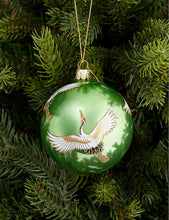 Crane-print glittered glass Christmas decoration 10cm