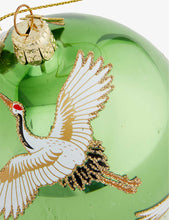 Crane-print glittered glass Christmas decoration 10cm