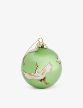 Crane-print glittered glass Christmas decoration 10cm