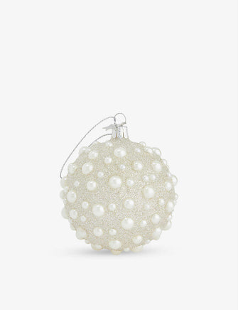 Faux pearl-embellished glittered glass Christmas decoration 8cm