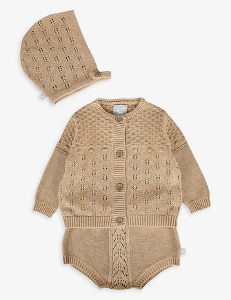 Cotton-knit cardigan and bonnet three-piece-set 3-12 months