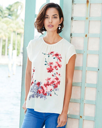 Ivory/Blush Print Gathered Front Shell Top