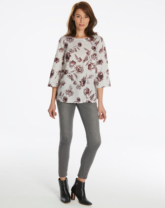 Light Grey Floral Blouse With V Back