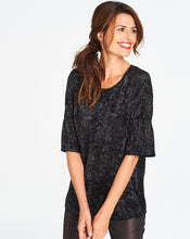 Black Glitter Velour Print Ruffle Sleeve Top