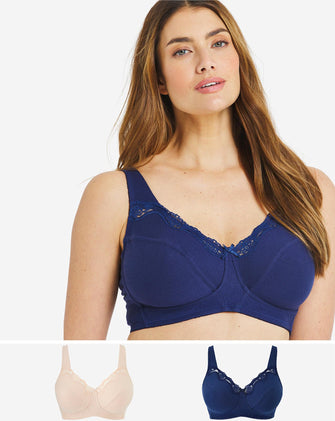 Naturally Close 2 Pack Sarah Non Wired Cotton Rich Navy/Blush Bras