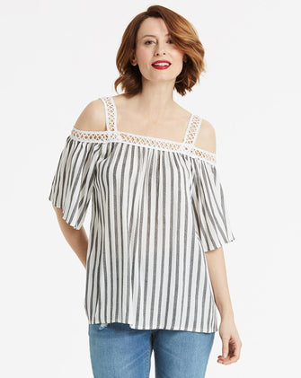 Black Stripe Crochet Trim Cold Shoulder Top