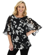 Mono Floral Print Fluted Sleeve Sheer Blouse