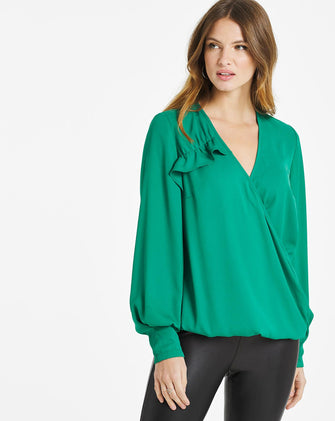 Teal Draped Wrap Ruffle Blouse