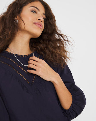 Navy Broderie Neck Ladder Trim Cotton Poplin Blouse