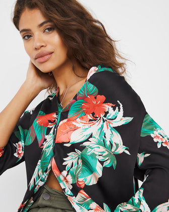 Tropical Print Satin Raglan Sleeve Blouse