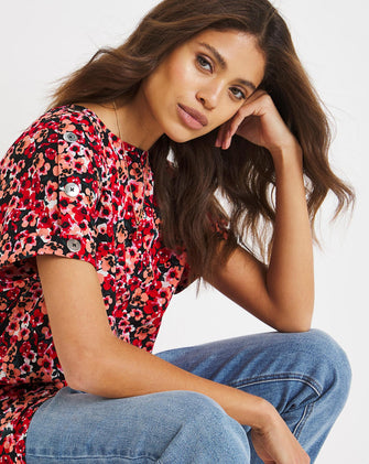 Red Ditsy Floral Print Button Detail Boxy Top