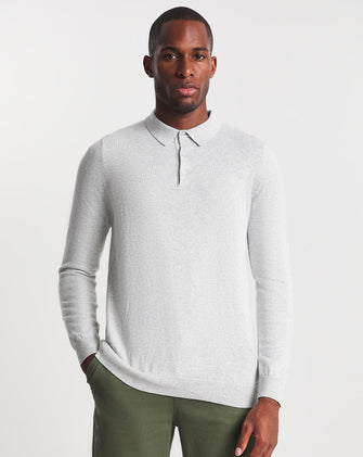 Grey Marl Cashmere Long Sleeve Knitted Polo